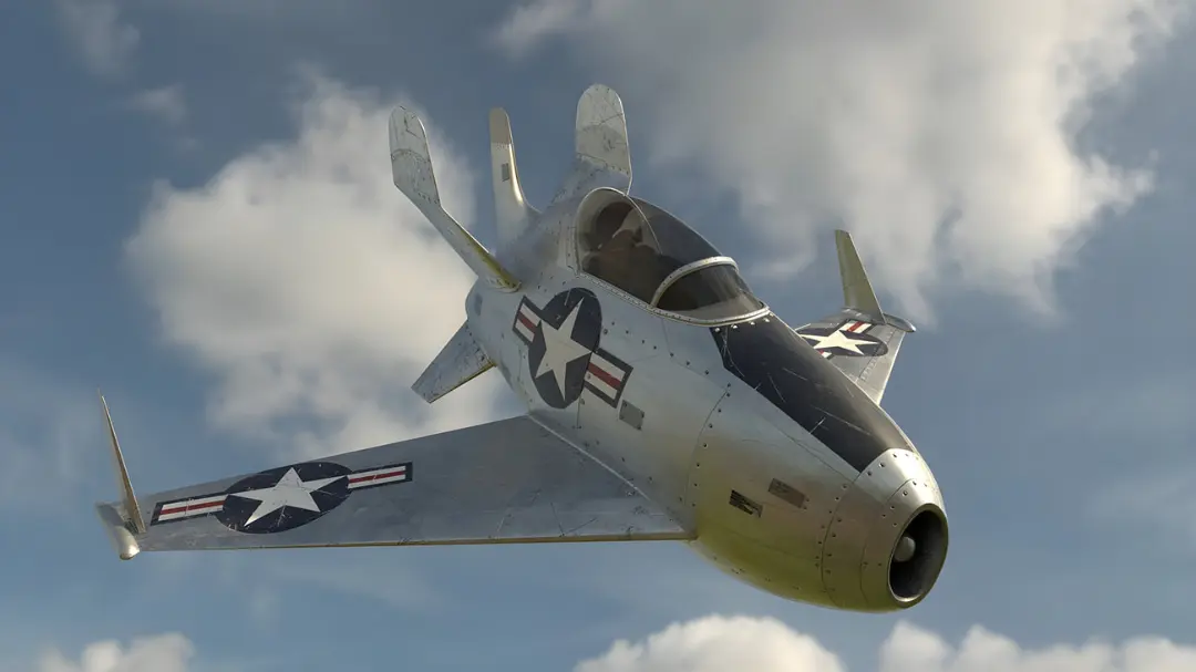 جنگنده کوچک XF-85 Goblin در حال پرواز در آسمان آبی