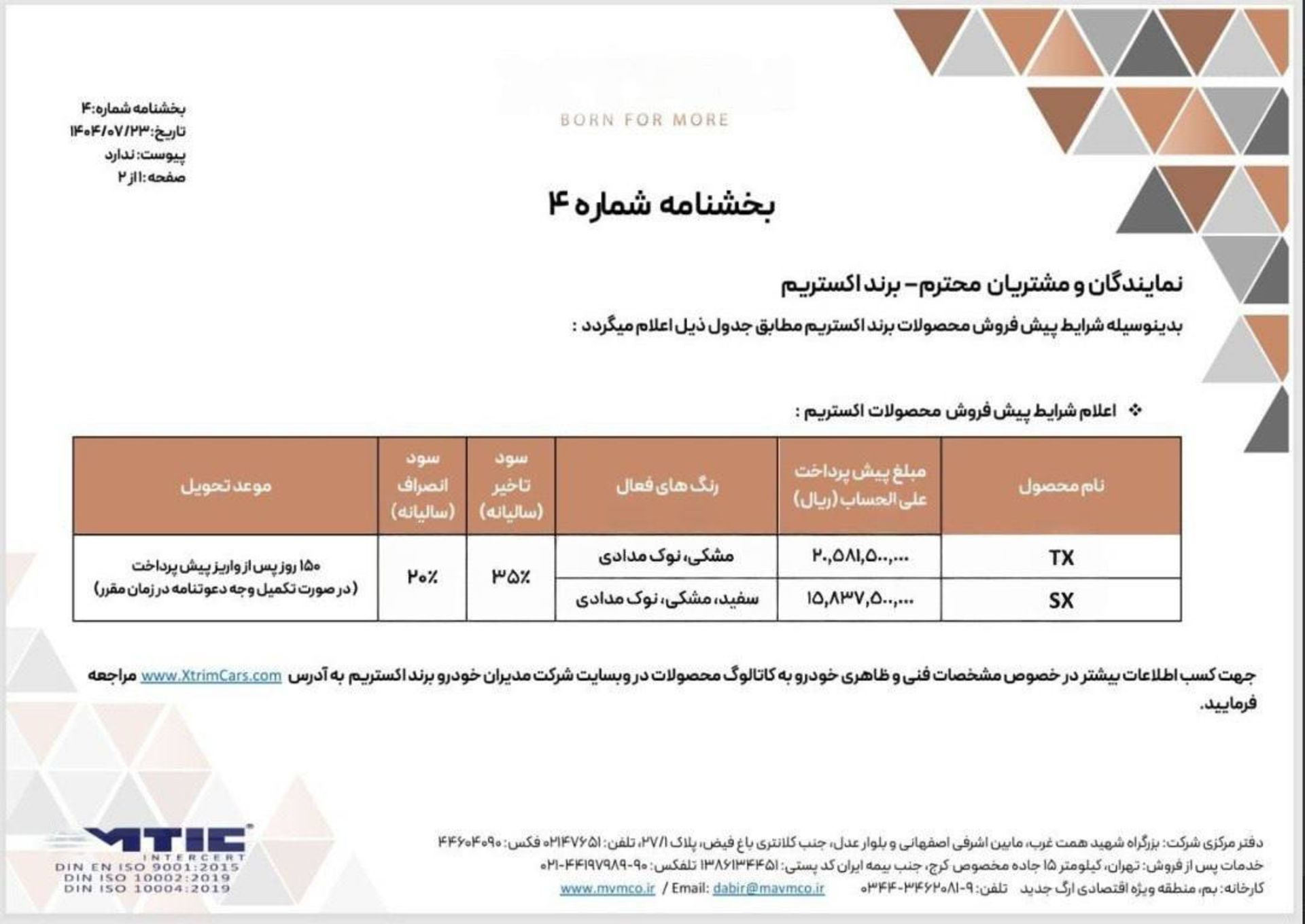 شرایط پیش فروش غیر قطعی محصولات اکستریم مهر 1404