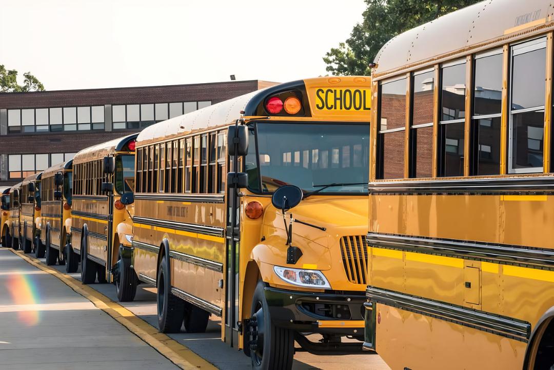 اتوبوس‌های زرد مدرسه (School Bus) در صف مقابل ساختمان آموزشی