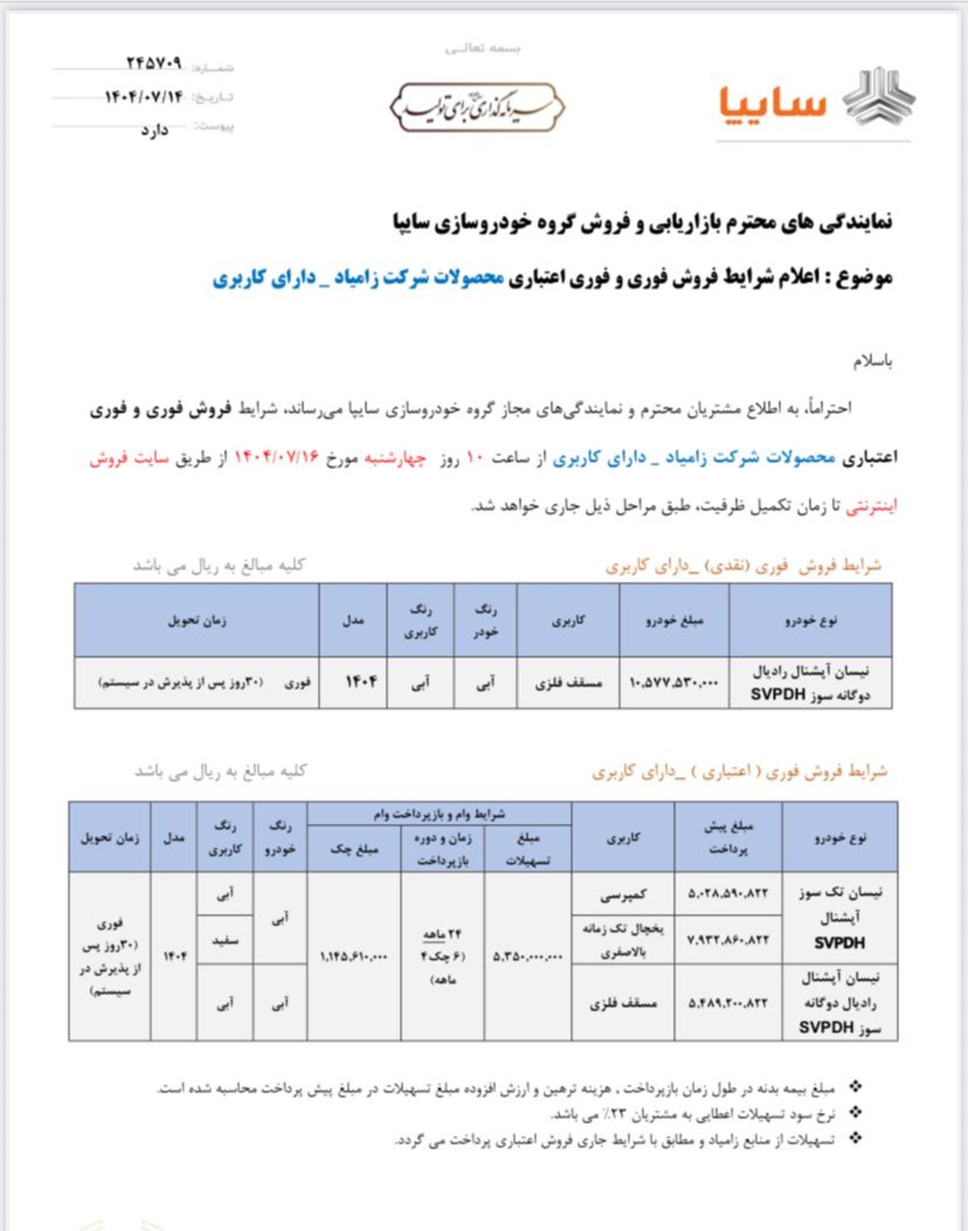 شرایط فروش نیسان آبی کاربری مهر 1404