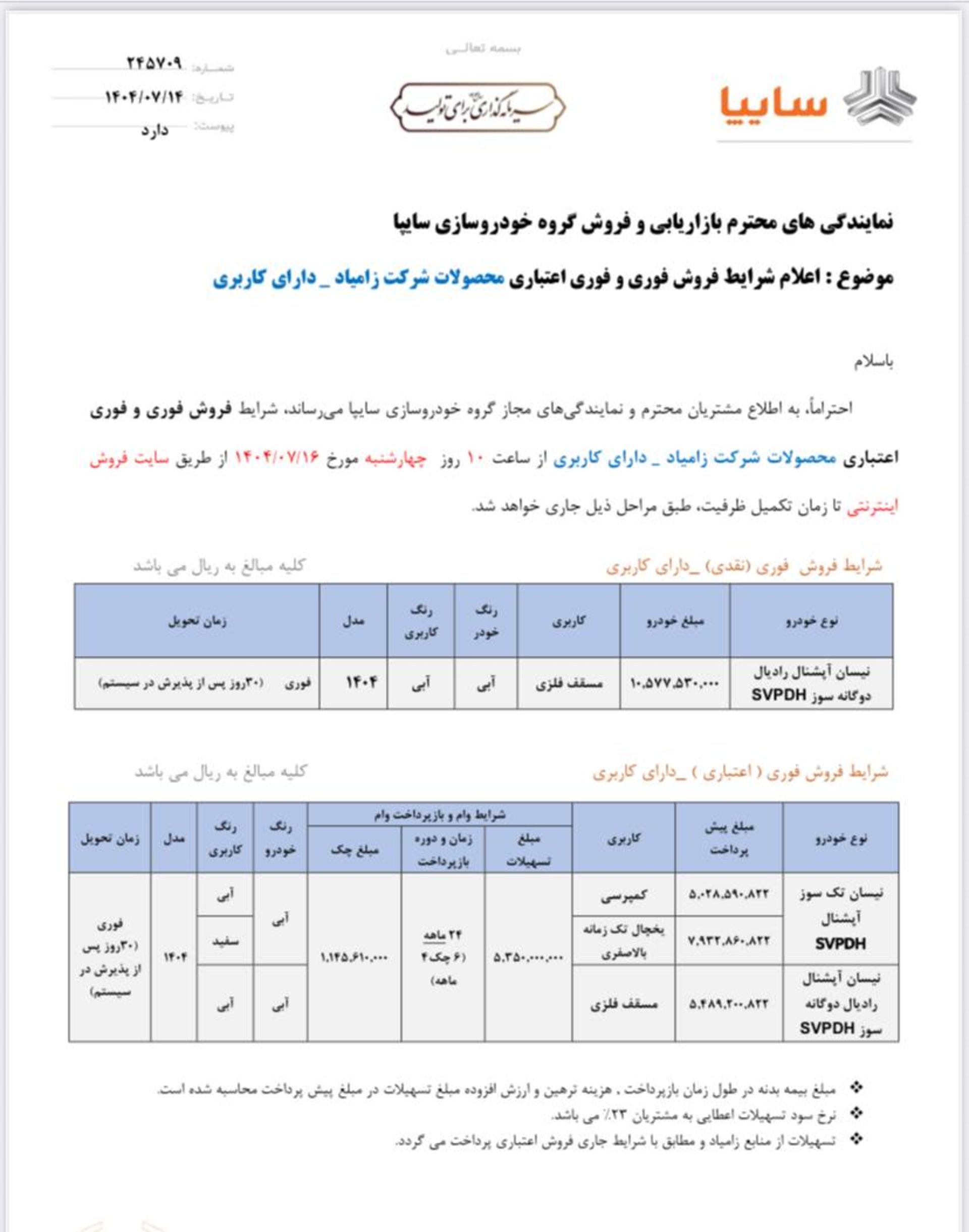 شرایط فروش نیسان آبی کاربری مهر 1404
