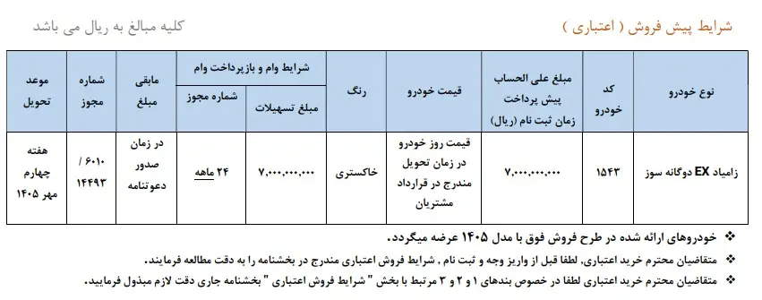 شرایط فروش زامیاد EX تیر 1405
